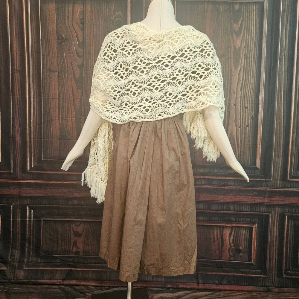 Vintage 1970s Crochet Fringe Shawl Wrap Cream Ivory Boho Handmade Lace Scarf